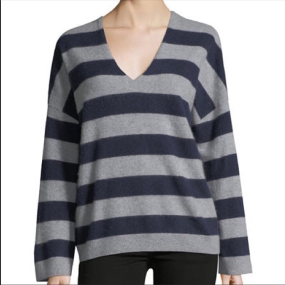 VINCE Striped Gray Navy 100% Cashmere V-Neck Sweater M - Picture 2 of 13